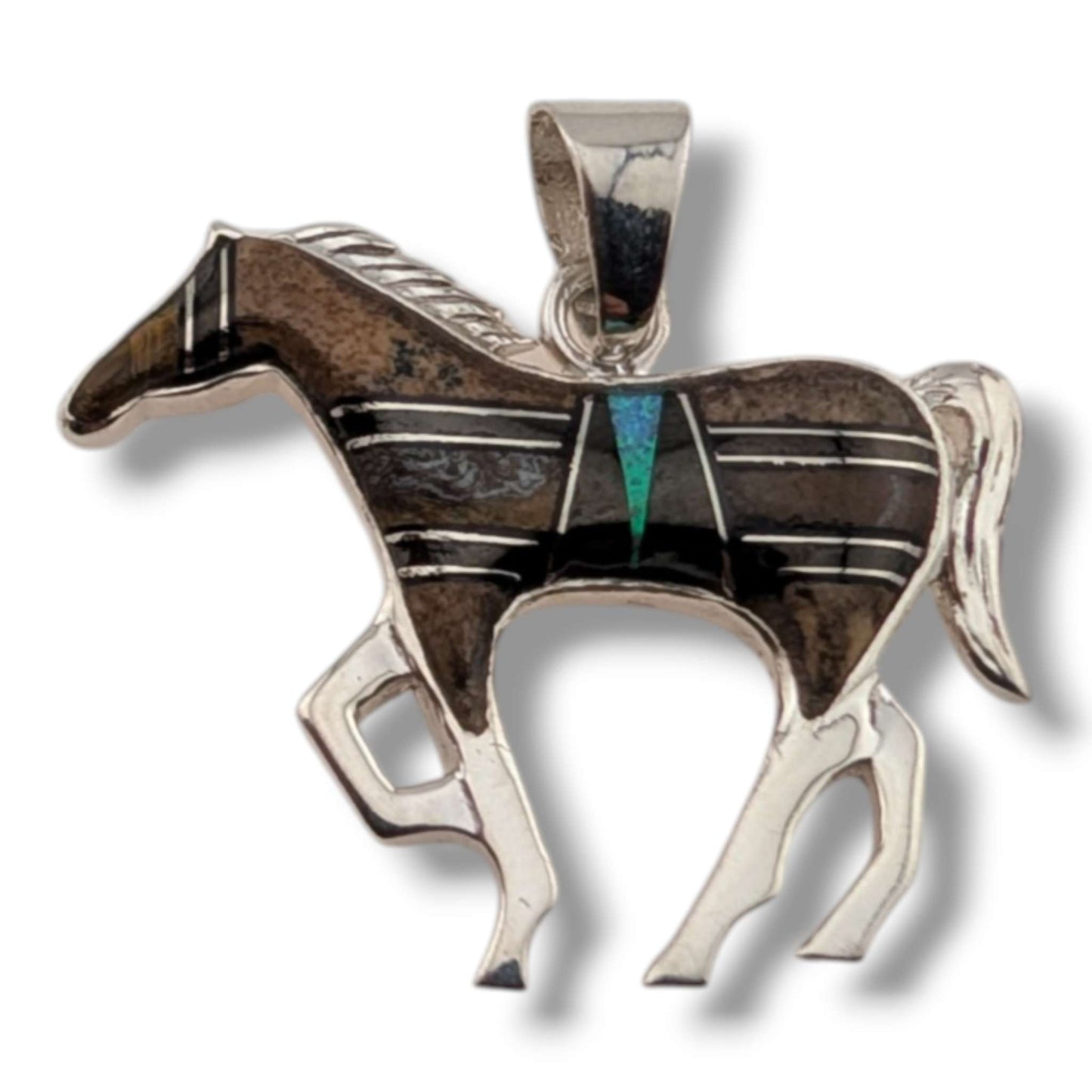 Sterling Silver Inlay Opal Horse Pendant