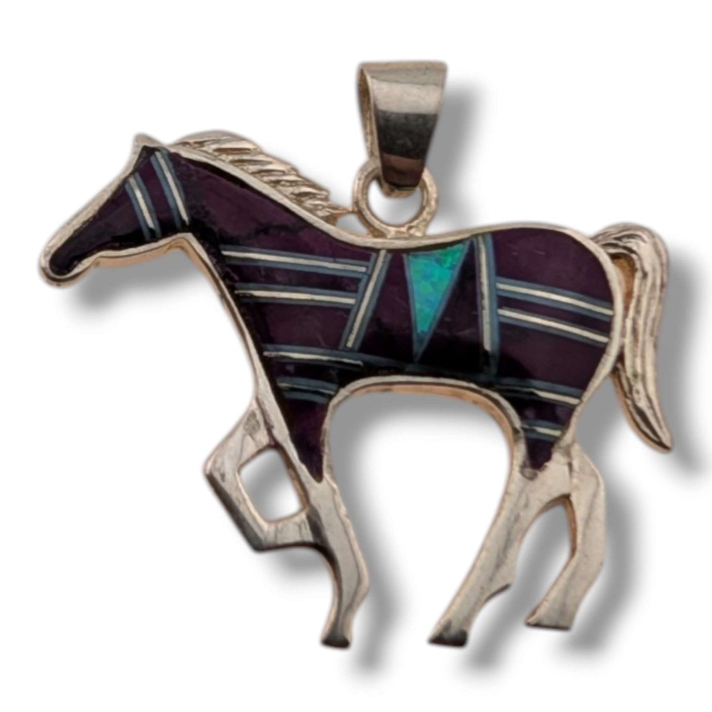 Sterling Silver Inlay Opal Horse Pendant