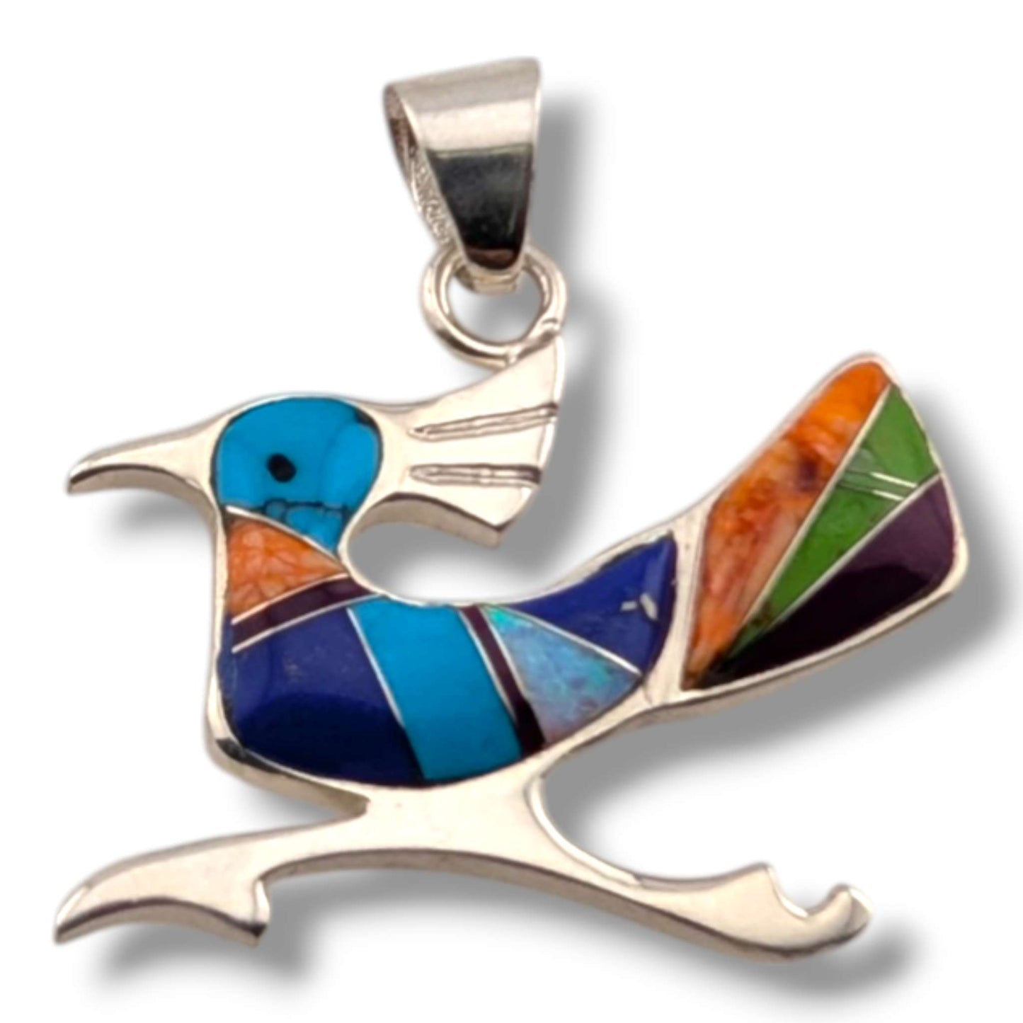 Sterling Silver Multi-Stone Inlay Roadrunner Pendant
