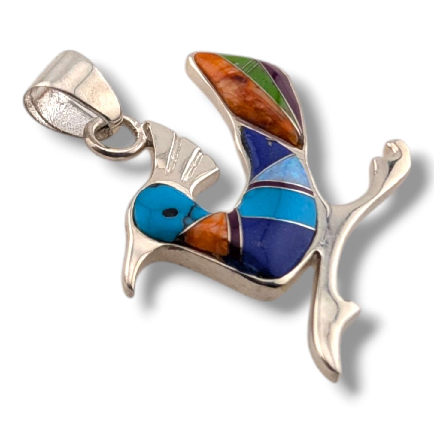 Sterling Silver Multi-Stone Inlay Roadrunner Pendant