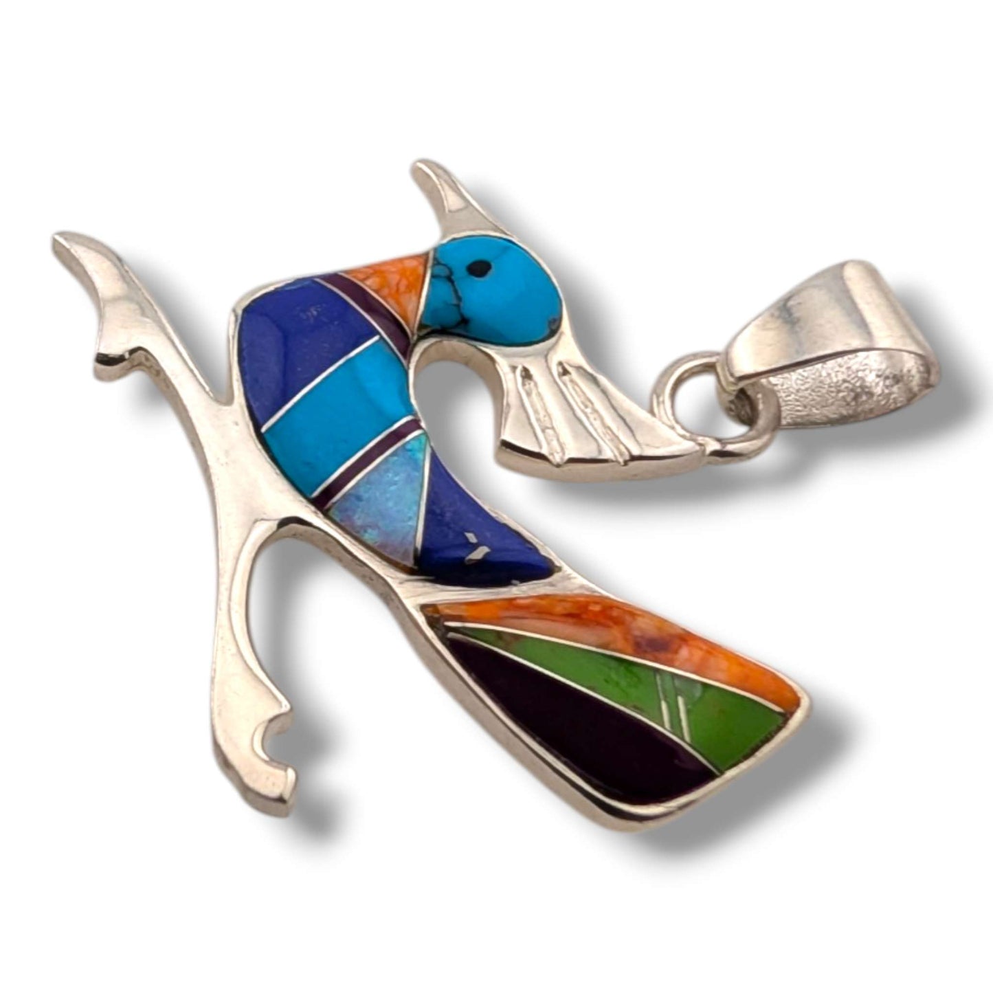 Sterling Silver Multi-Stone Inlay Roadrunner Pendant