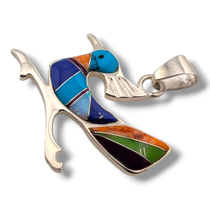Sterling Silver Multi-Stone Inlay Roadrunner Pendant