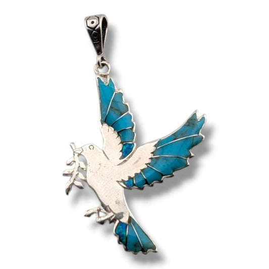 Sterling Silver Inlay Opal Peace Dove Pendant