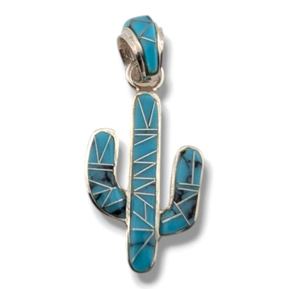 Sterling Silver Inlay Opal Saguaro Cactus Pendant