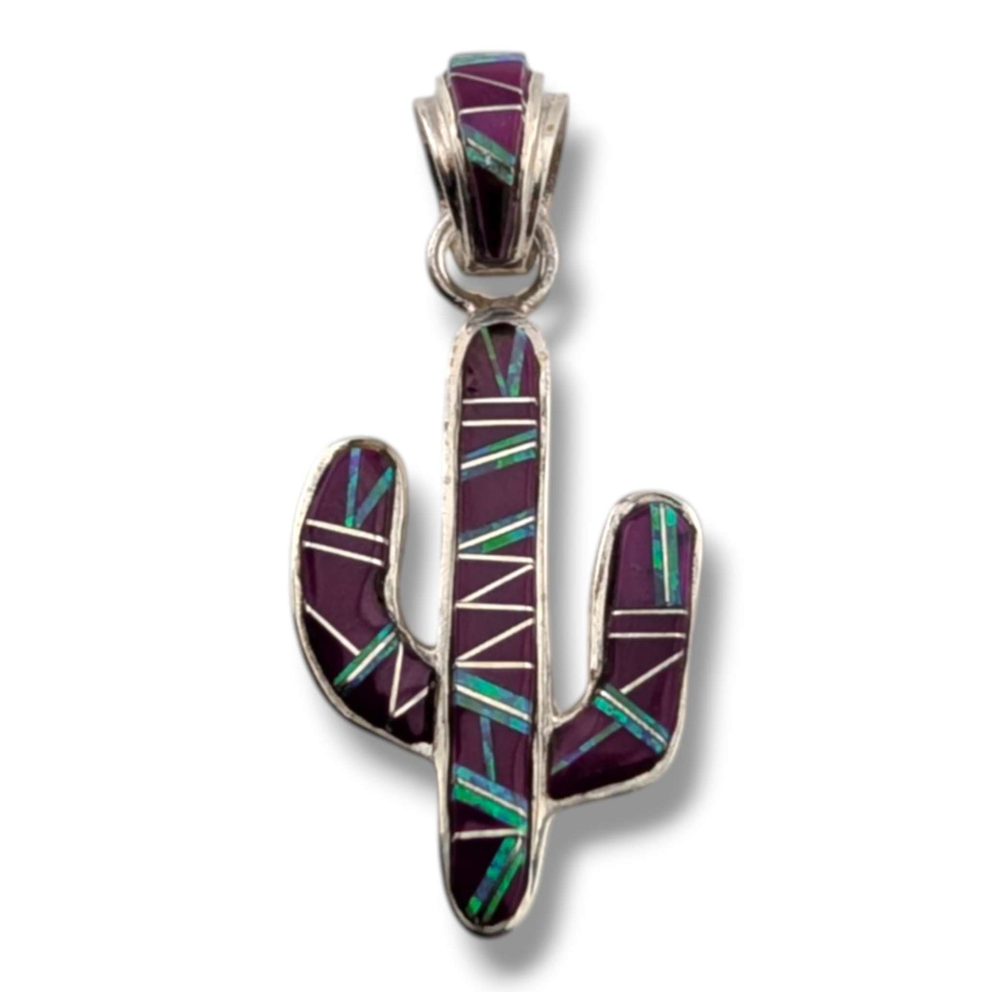 Sterling Silver Inlay Opal Saguaro Cactus Pendant