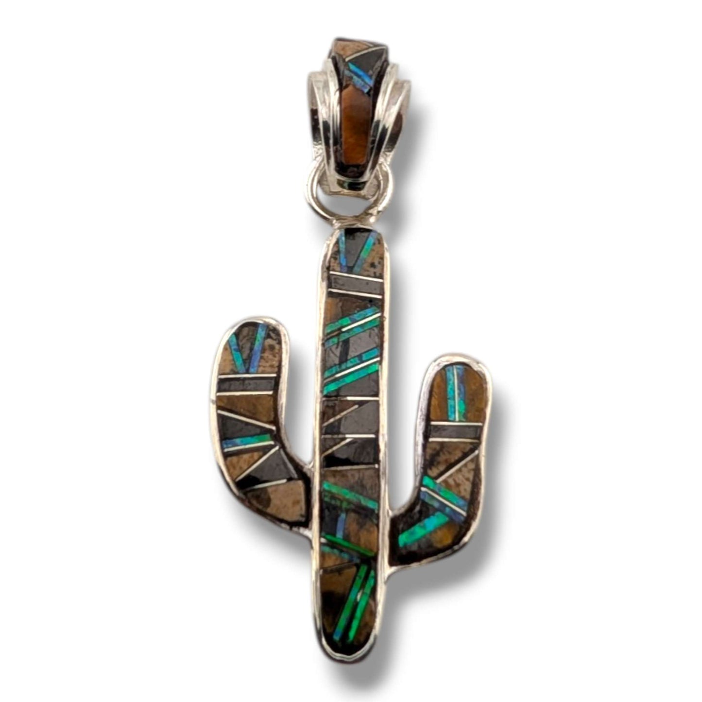 Sterling Silver Inlay Opal Saguaro Cactus Pendant