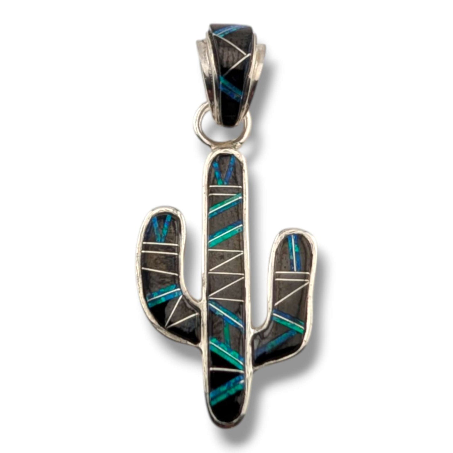 Sterling Silver Inlay Opal Saguaro Cactus Pendant