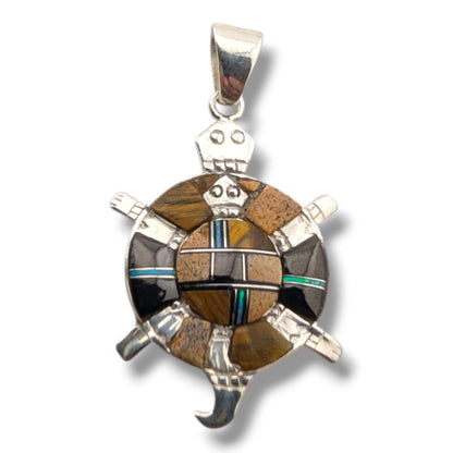 Sterling Silver Inlay Round Turtle Pendant