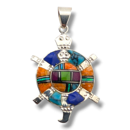 Sterling Silver Inlay Round Turtle Pendant