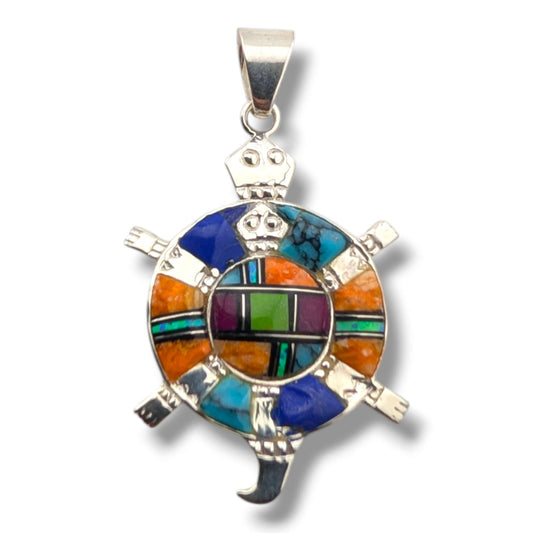 Sterling Silver Inlay Round Turtle Pendant