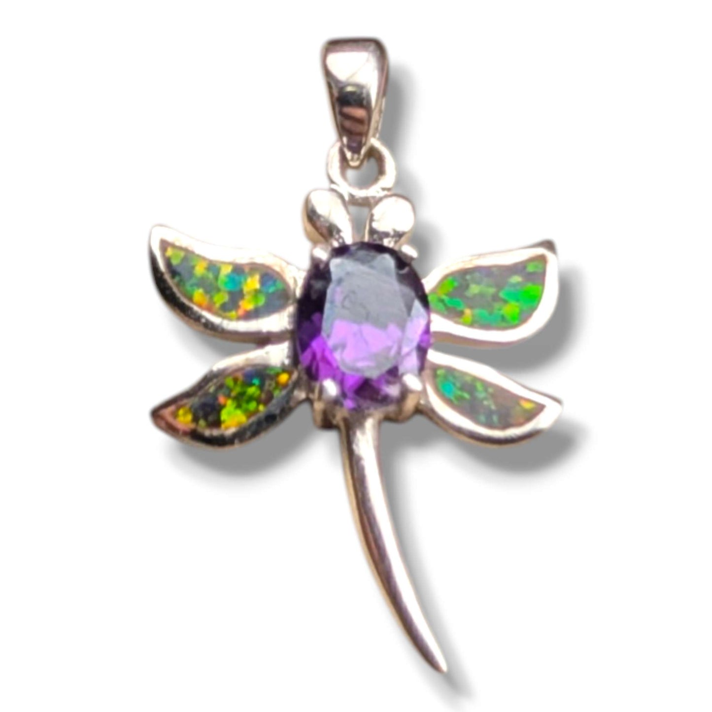 Sterling Silver Opal Dragonfly Pendant with Amethyst or Blue Topaz