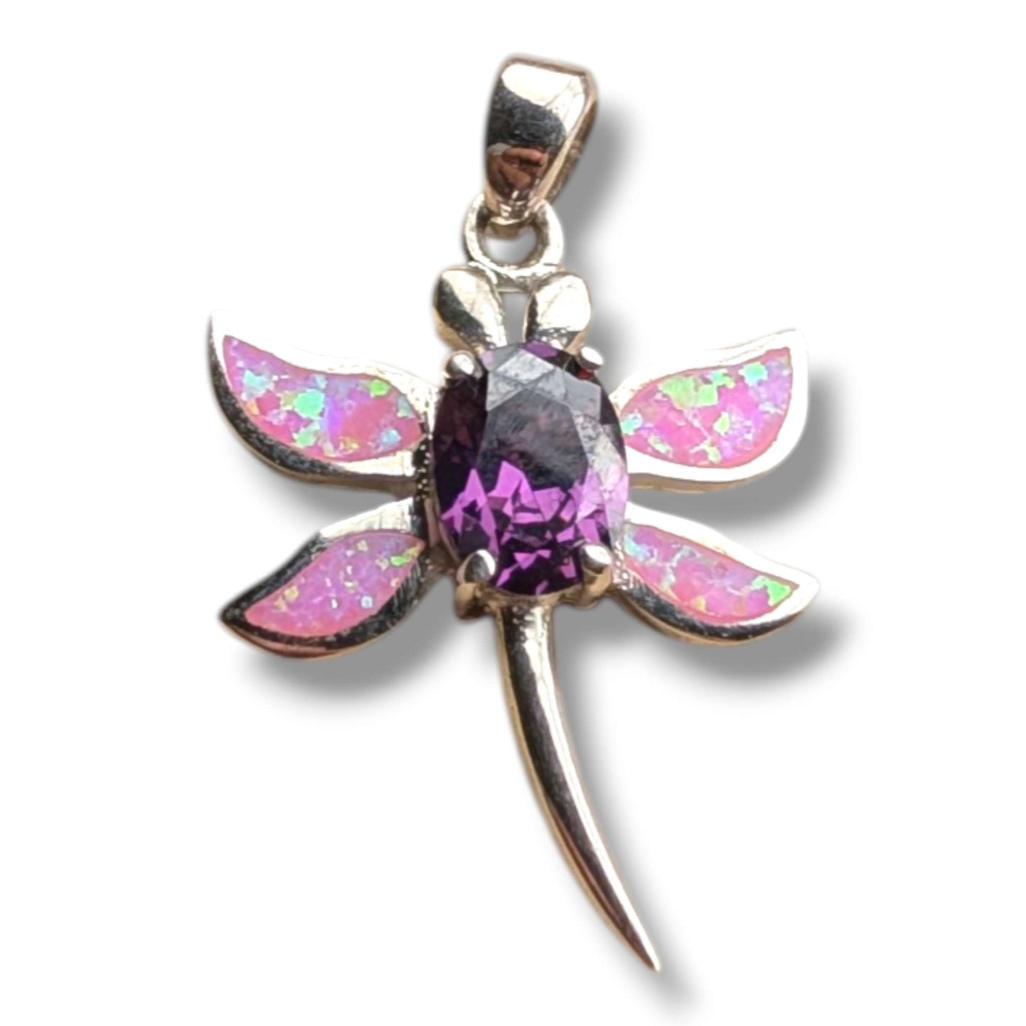 Sterling Silver Opal Dragonfly Pendant with Amethyst or Blue Topaz
