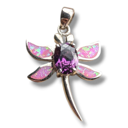 Sterling Silver Opal Dragonfly Pendant with Amethyst or Blue Topaz