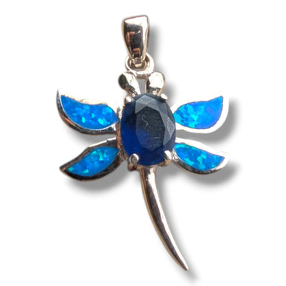 Sterling Silver Opal Dragonfly Pendant with Amethyst or Blue Topaz