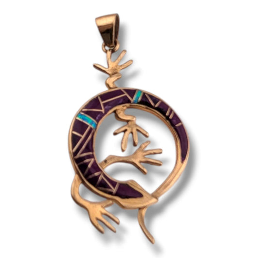 Bronze Inlay Curled Gecko Lizard Pendant