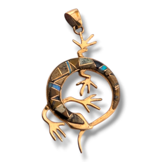 Bronze Inlay Curled Gecko Lizard Pendant