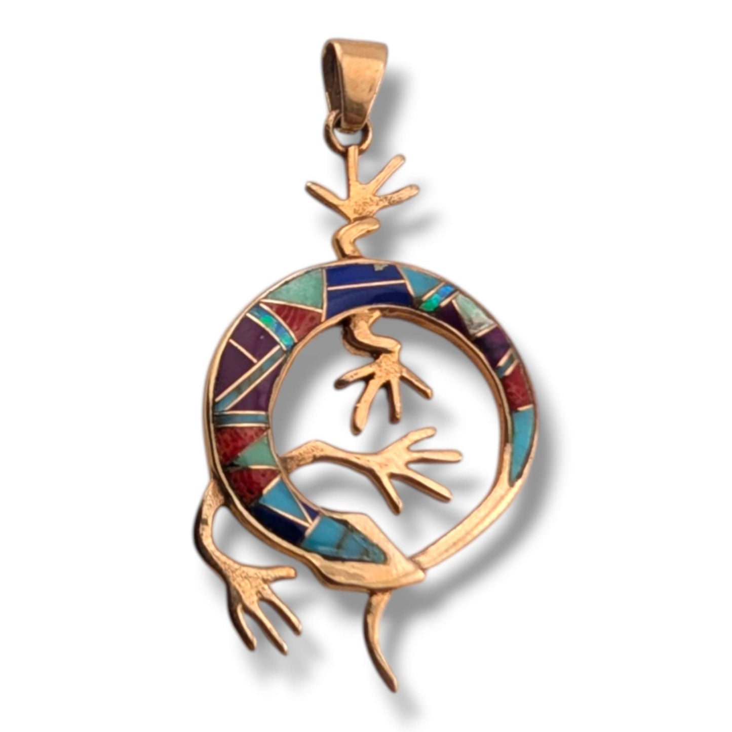 Bronze Inlay Curled Gecko Lizard Pendant