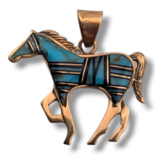Bronze Inlay Opal Horse Pendant