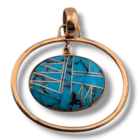 Bronze Geometric Inlay Oval Hoop Pendant