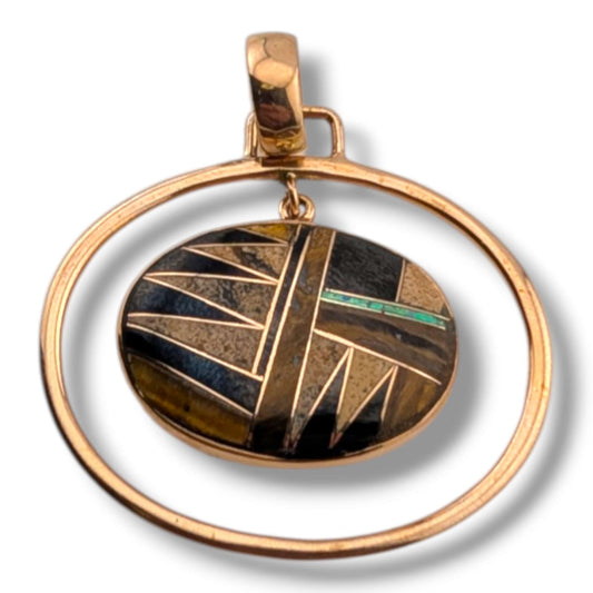 Bronze Geometric Inlay Oval Hoop Pendant