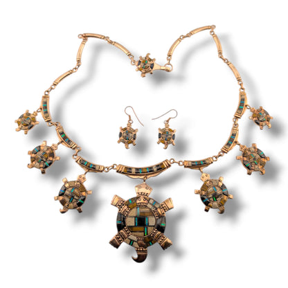 Bronze Inlay Turtle Necklace and Earrings Set