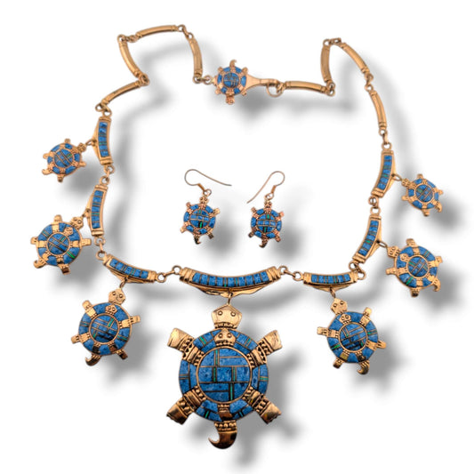 Bronze Inlay Turtle Necklace and Earrings Set