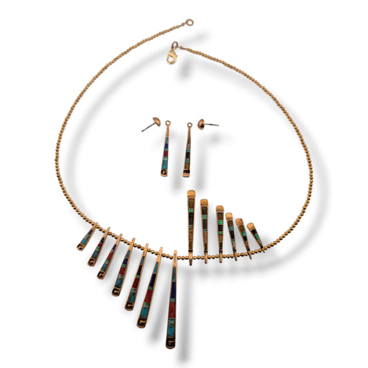 Bronze Inlay Fan Fringe Reversible Necklace and Earrings Set