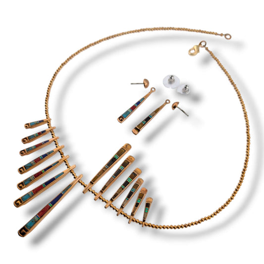 Bronze Inlay Fan Fringe Reversible Necklace and Earrings Set