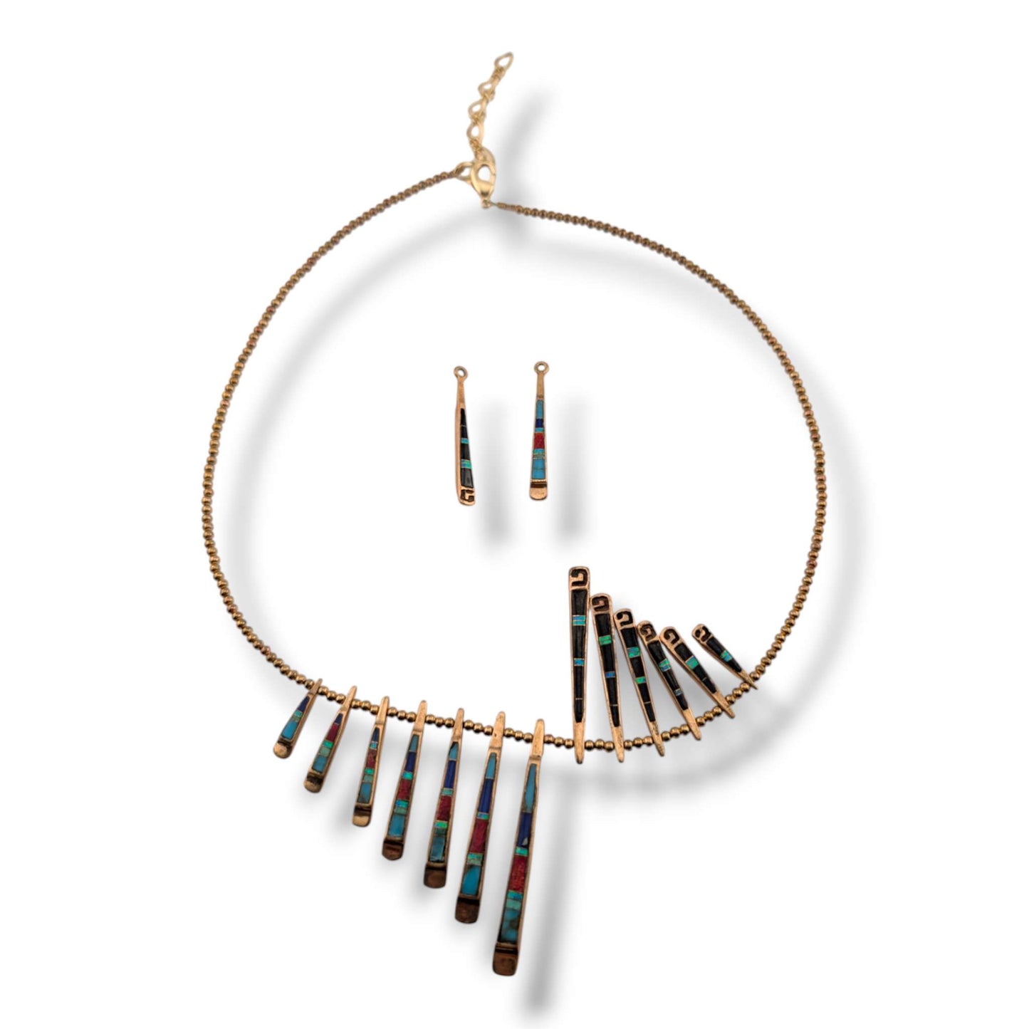 Bronze Inlay Fan Fringe Reversible Necklace and Earrings Set - Black Onyx & Multi-Stone
