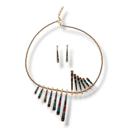 Bronze Inlay Fan Fringe Reversible Necklace and Earrings Set - Black Onyx & Multi-Stone