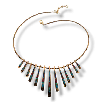 Bronze Inlay Fan Fringe Reversible Necklace and Earrings Set - Black Onyx & Multi-Stone