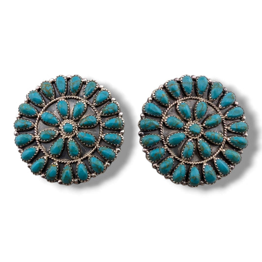 Navajo Sterling Silver Turquoise Cluster Round Post Earrings by Orville Manygoats