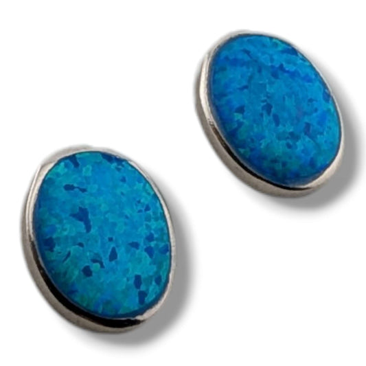 Sterling Silver Blue Opal Oval Post Earrings by OP