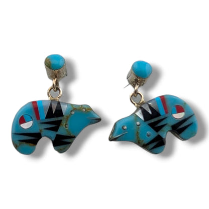 Sterling Silver Inlay Sunface Bear Dangle Post Earrings