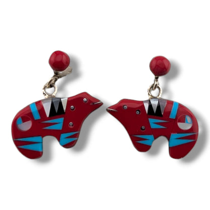 Sterling Silver Inlay Sunface Bear Dangle Post Earrings
