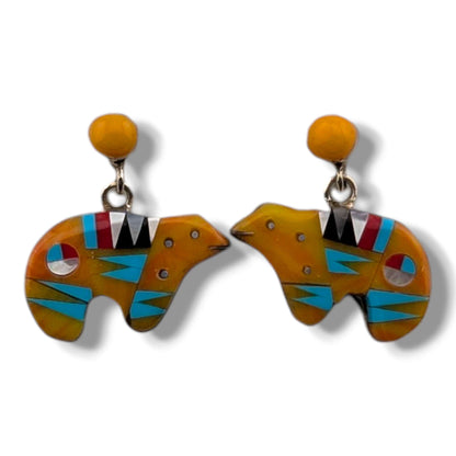 Sterling Silver Inlay Sunface Bear Dangle Post Earrings