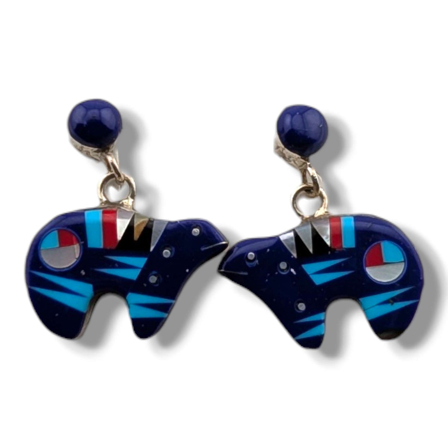Sterling Silver Inlay Sunface Bear Dangle Post Earrings