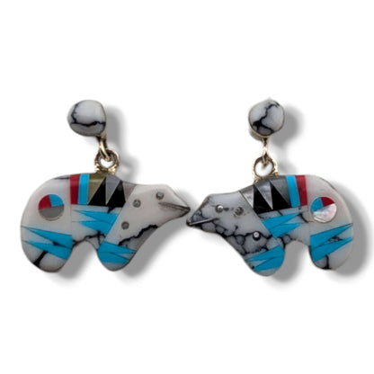 Sterling Silver Inlay Sunface Bear Dangle Post Earrings