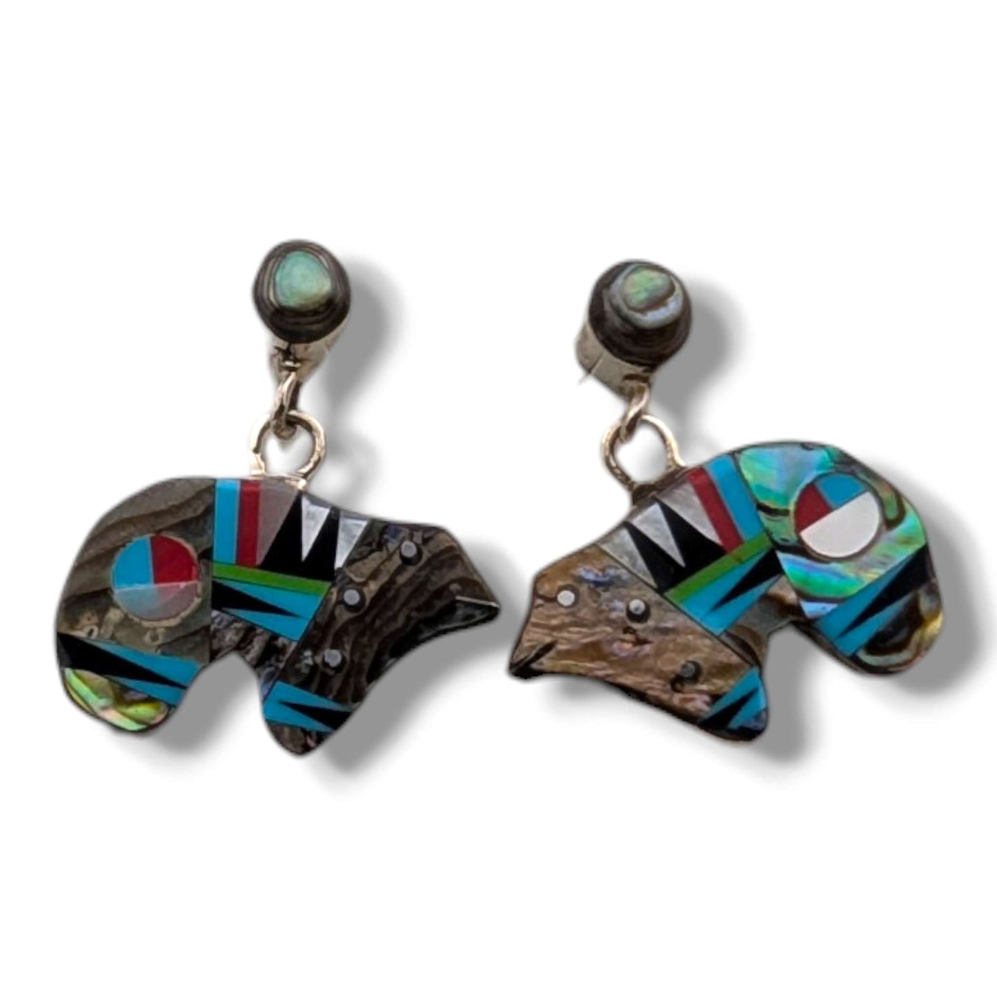 Sterling Silver Inlay Sunface Bear Dangle Post Earrings