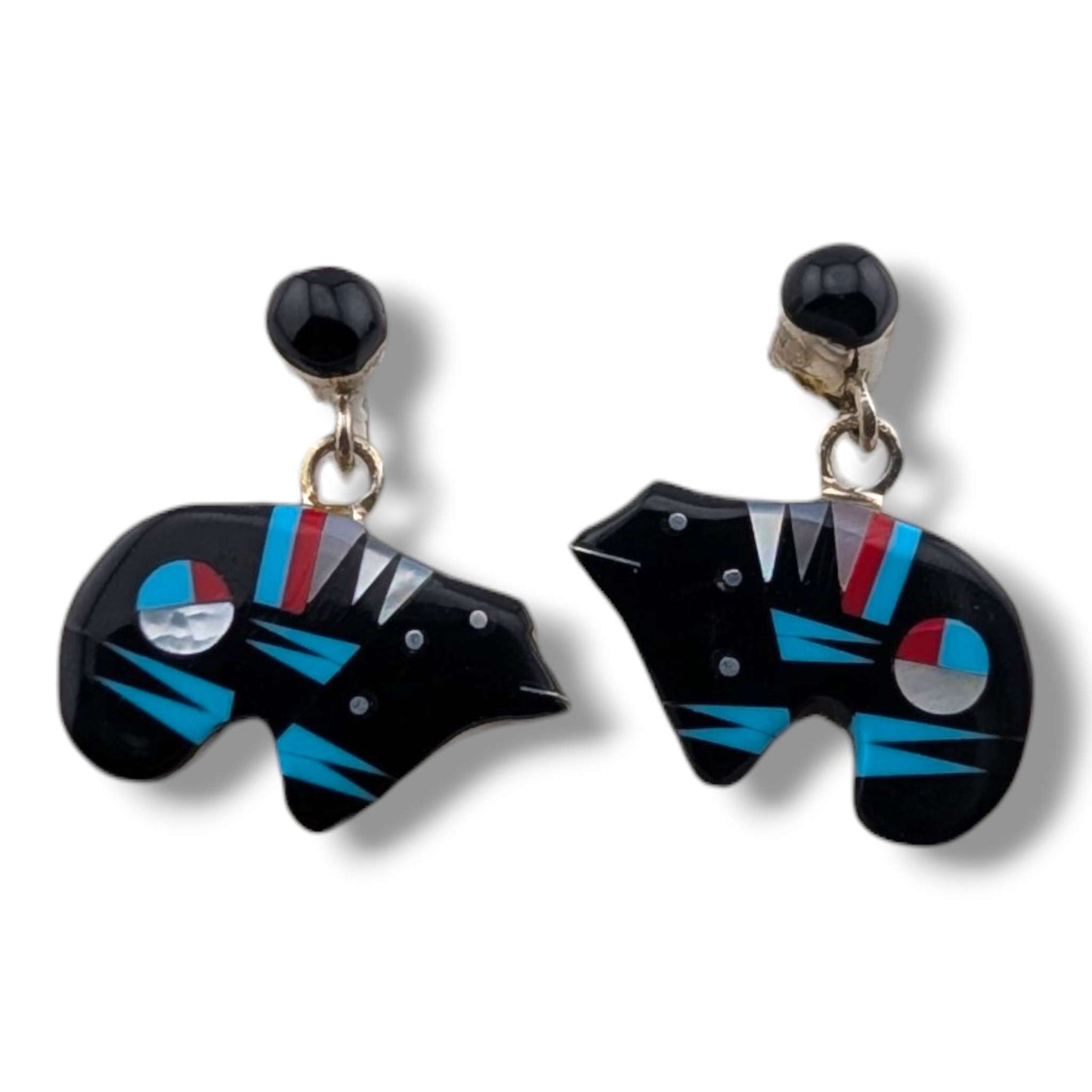Sterling Silver Inlay Sunface Bear Dangle Post Earrings