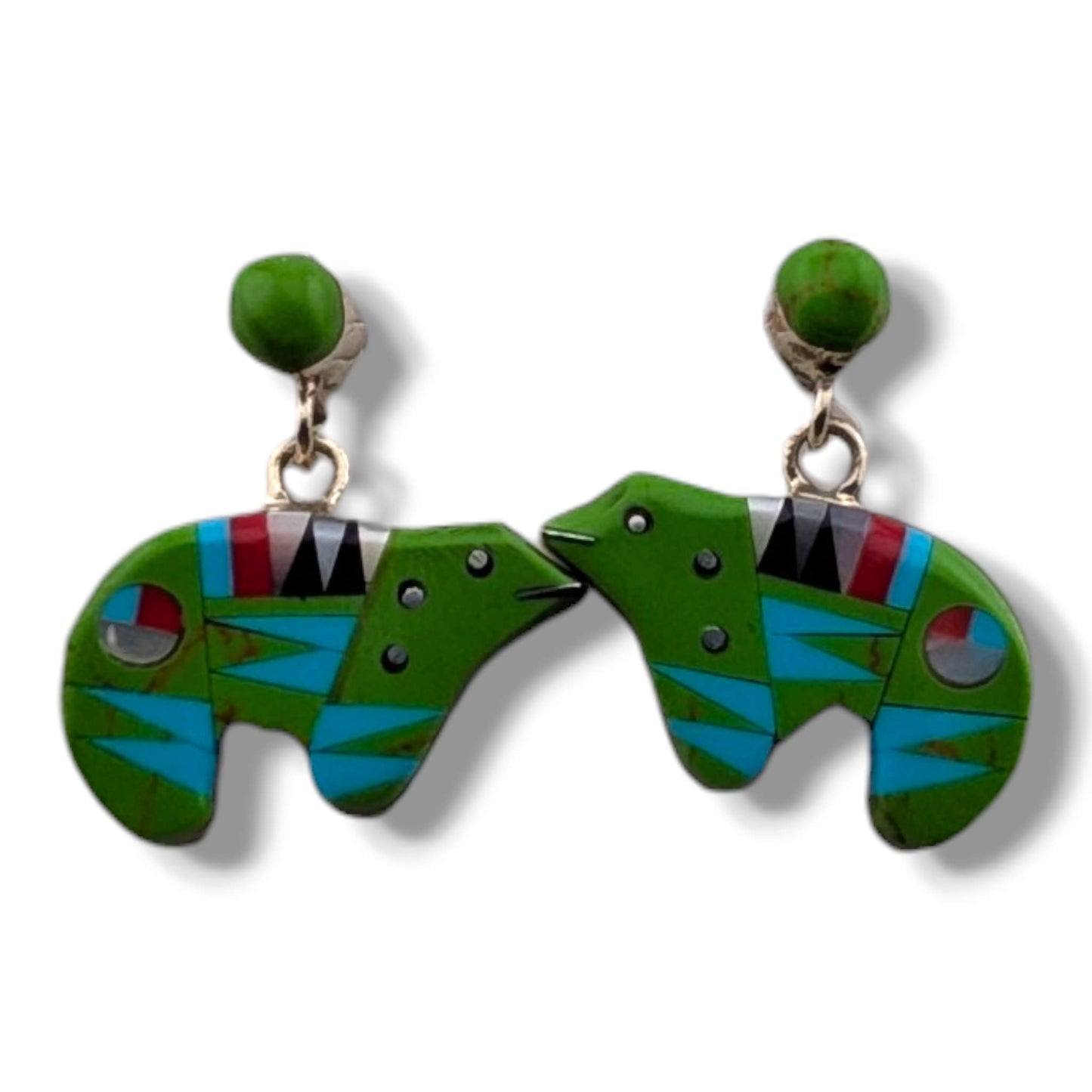 Sterling Silver Inlay Sunface Bear Dangle Post Earrings