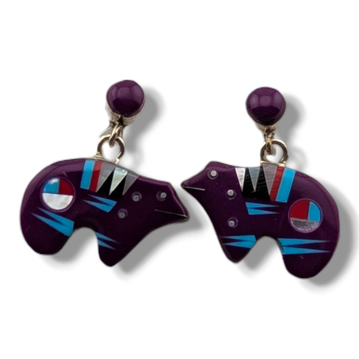 Sterling Silver Inlay Sunface Bear Dangle Post Earrings