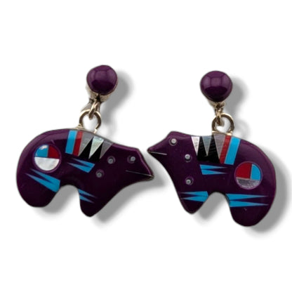 Sterling Silver Inlay Sunface Bear Dangle Post Earrings