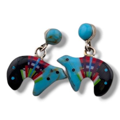 Sterling Silver Inlay Sunface Bear Dangle Post Earrings