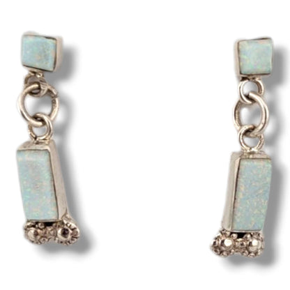 Sterling Silver White Opal Square and Bar Dangle Post Earrings