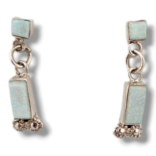 Sterling Silver White Opal Square and Bar Dangle Post Earrings