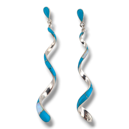 Sterling Silver Long Spiral Twist Inlay Dangle Post Earrings by OP