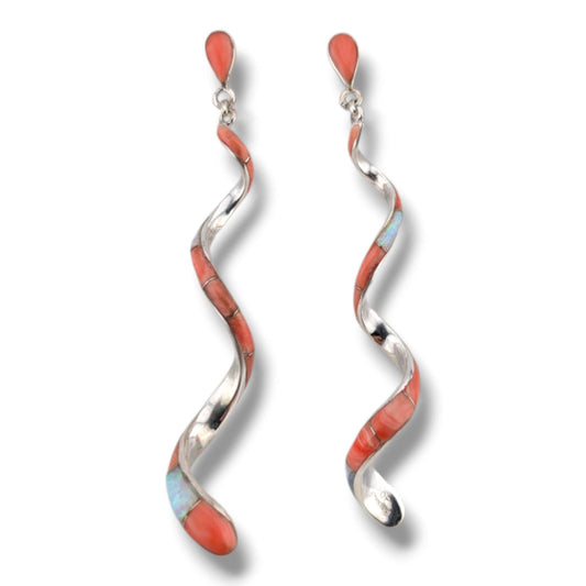 Sterling Silver Long Spiral Twist Inlay Dangle Post Earrings by OP
