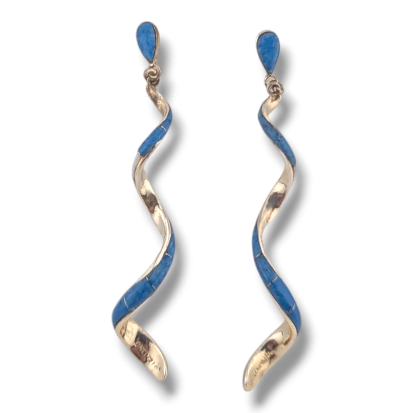 Sterling Silver Long Spiral Twist Inlay Dangle Post Earrings by OP