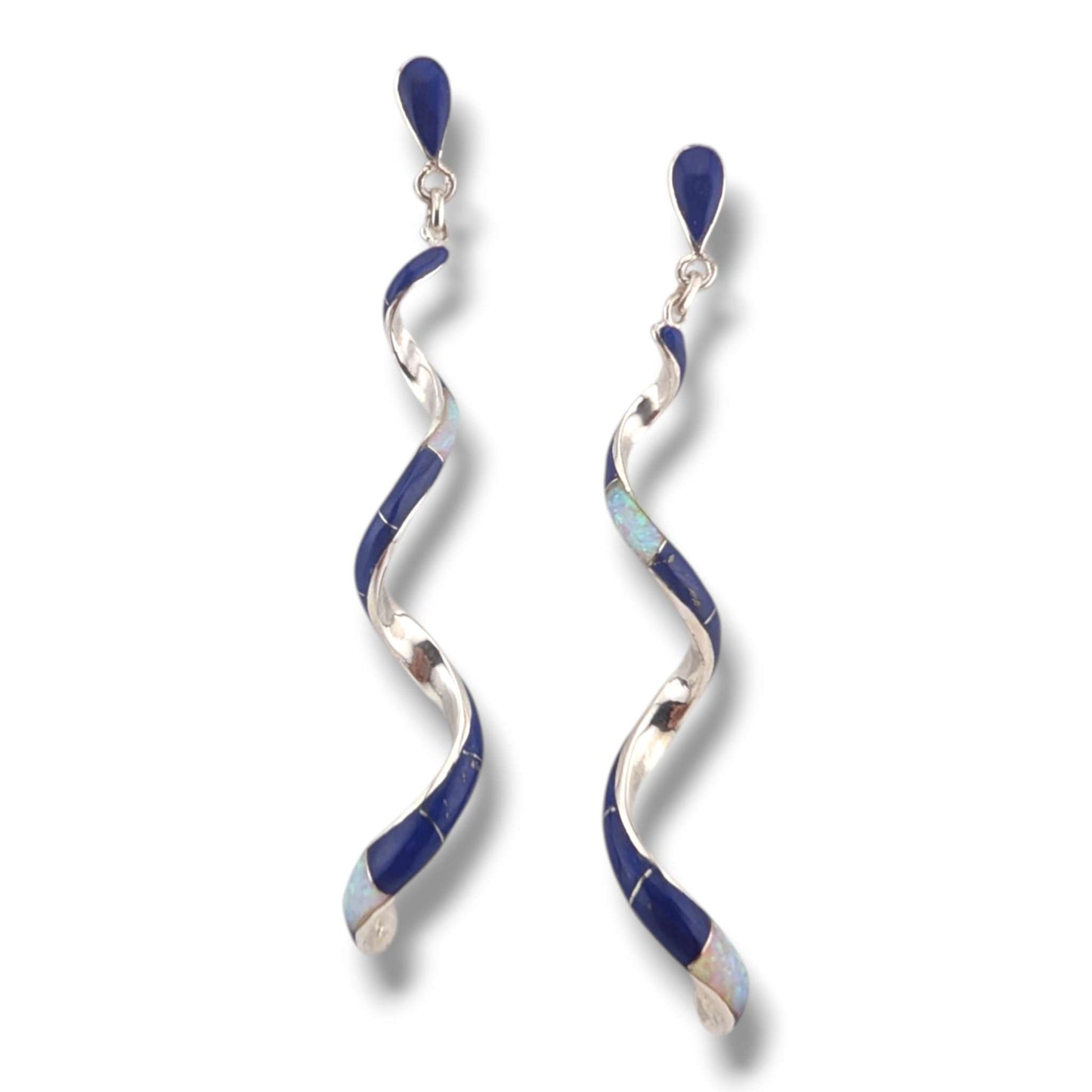 Sterling Silver Long Spiral Twist Inlay Dangle Post Earrings by OP